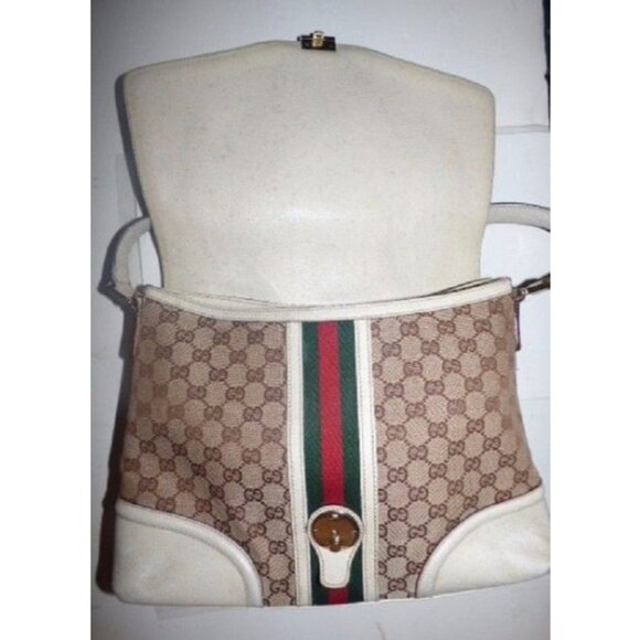 Gucci Vintage Envelope Style Purse White and Brown Leather Red Green Stripe - Picture 6 of 6